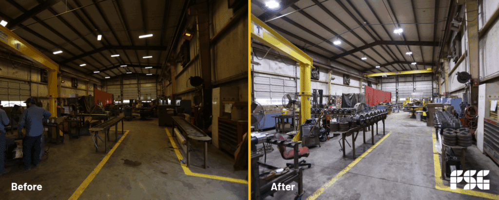 before/after LED lighting retrofit in industrial facility