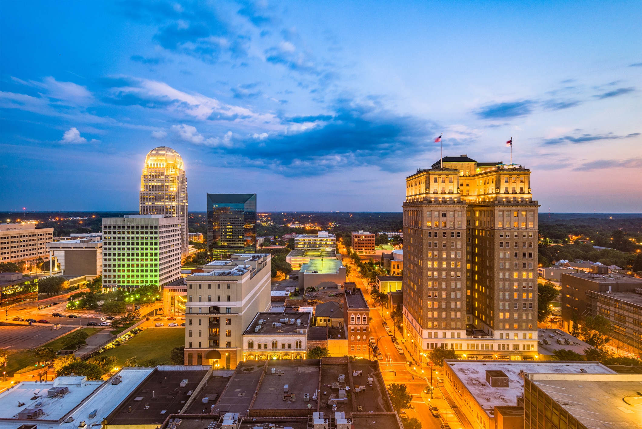 Winston-Salem, North Carolina, USA skyline at dusk.