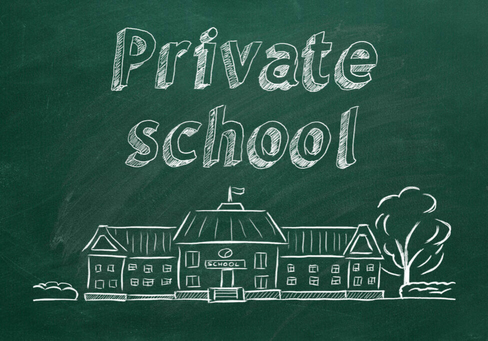 School building  and lettering Private school on blackboard. Hand drawn sketch.